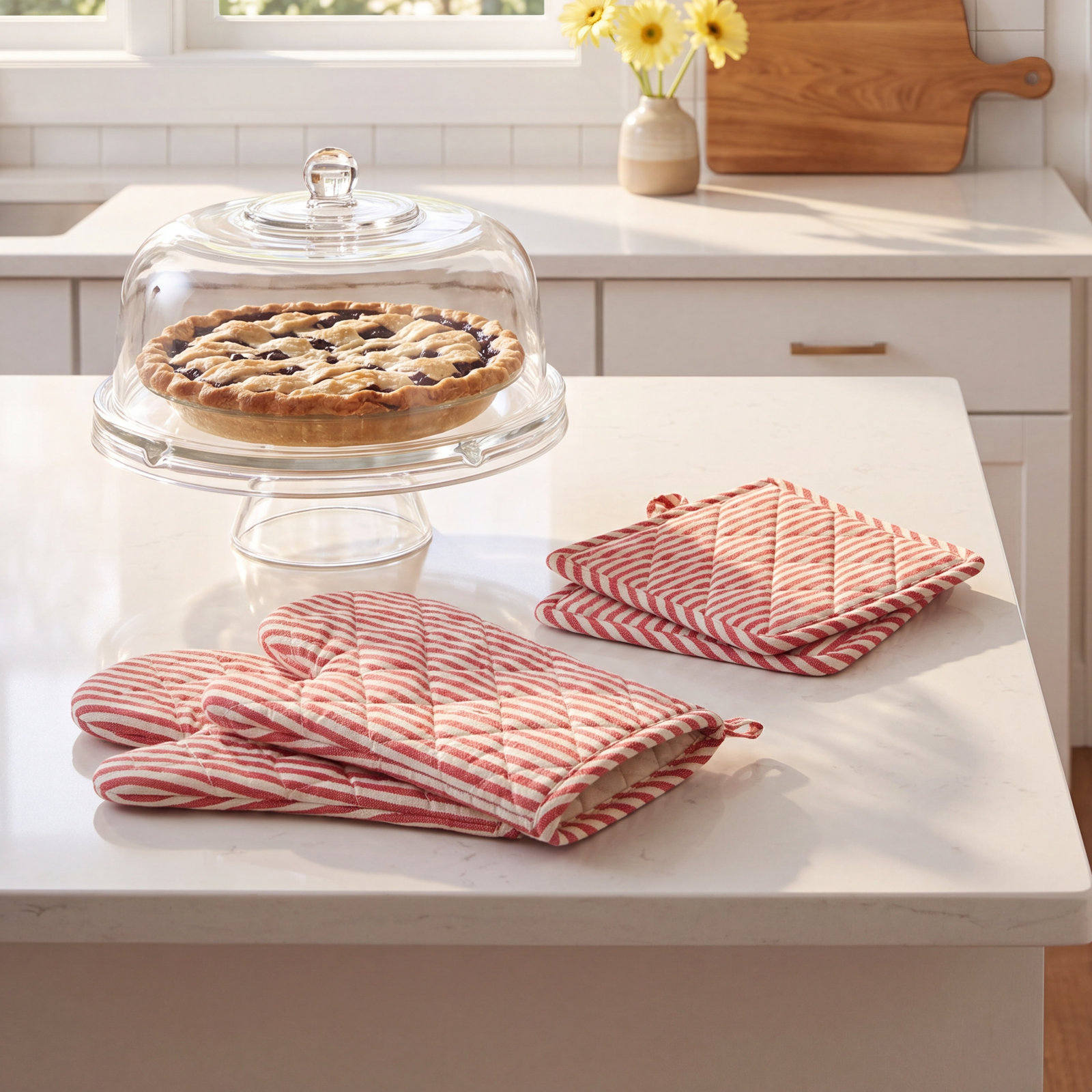Potholder and Oven Mitt Set, Red/White