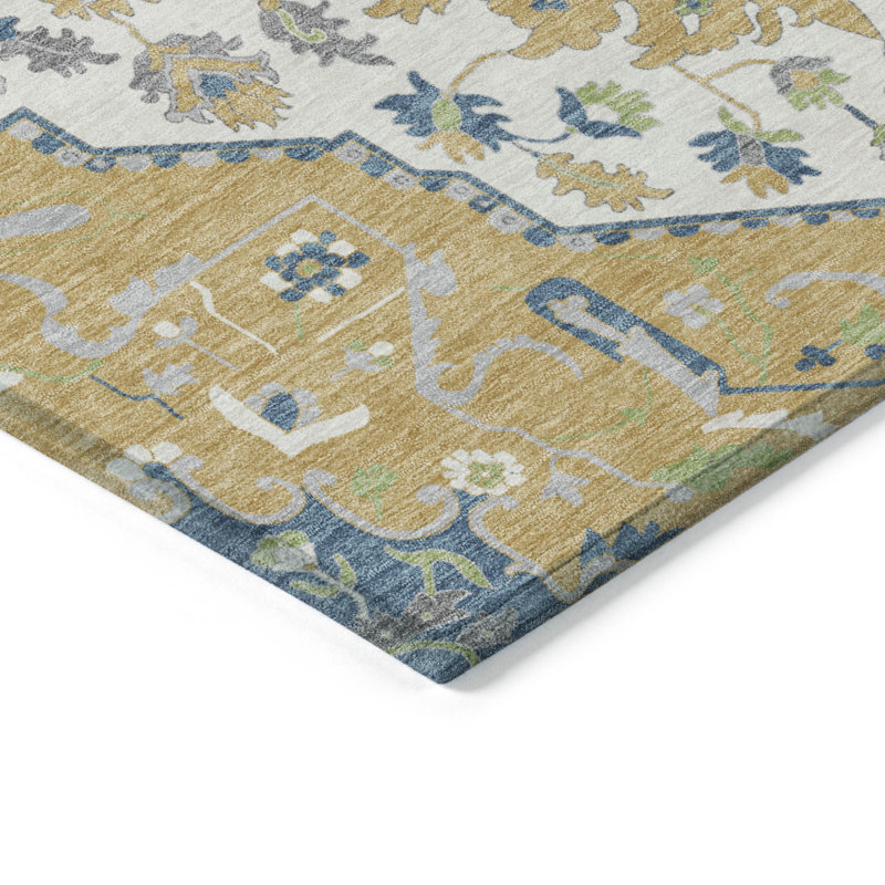 Tapis intérieur lavable oriental ivoire et bleu doré 8 pi x 10 pi