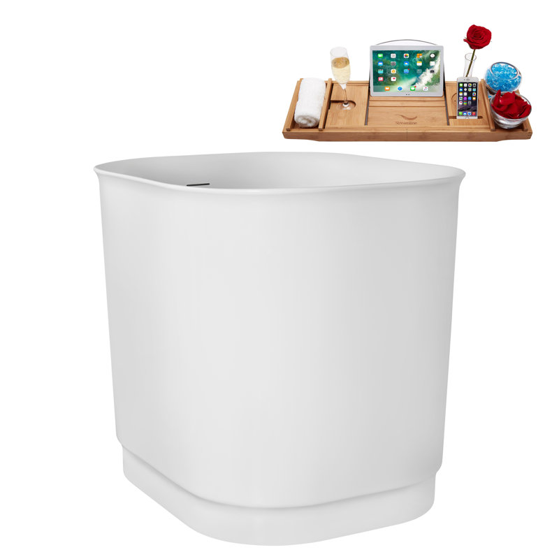 40" Streamline Soaking Glossy White Acrylic Freestanding Bathtub, Bamboo Tray, Drain, Polished Gold