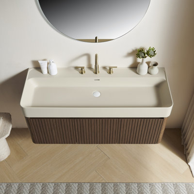 Meuble-lavabo LORAN 48 avec lavabo intégré, lavabo suspendu en surface solide beige crème chaude avec 3 trous pré-percés pour robinetterie, démonté, robinetterie et bonde non inclus, couleur noyer.