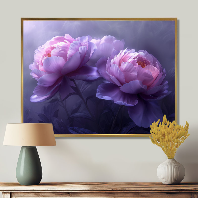 Mauve et gris pivoines de luxe I - pivoines, impression d'art mural, Cadre doré, H 34 po x l 44 po