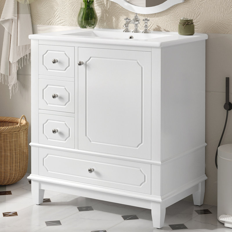 Meuble-lavabo autoportant de 30 po avec lavabo en céramique, cadre en bois massif, porte à fermeture en douceur et 3 tiroirs