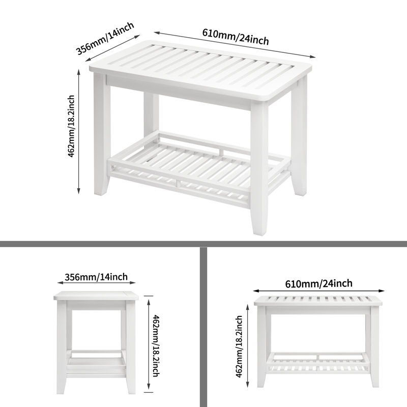 Bamboo Shower Bench Seat with Storage Shelf, White