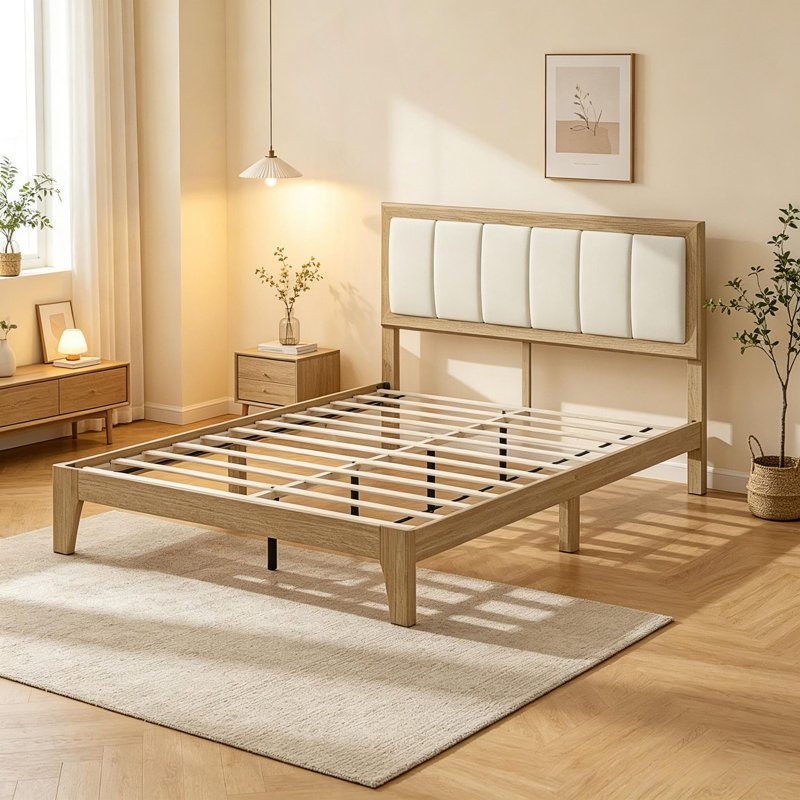 Élégante base de lit à profil bas, cadre de lit avec tête de lit tapissier (cadre de lit seulement), Beige+Oak
