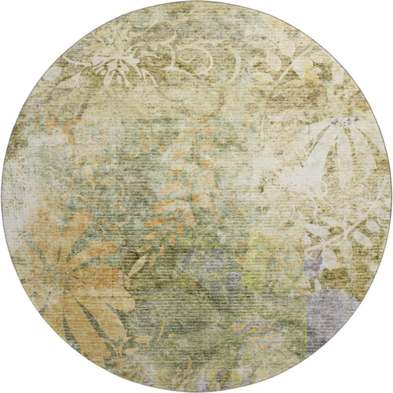 Premium Machine Washable Mayfield AMF2223 Floral Rug, 8' Round, Brown