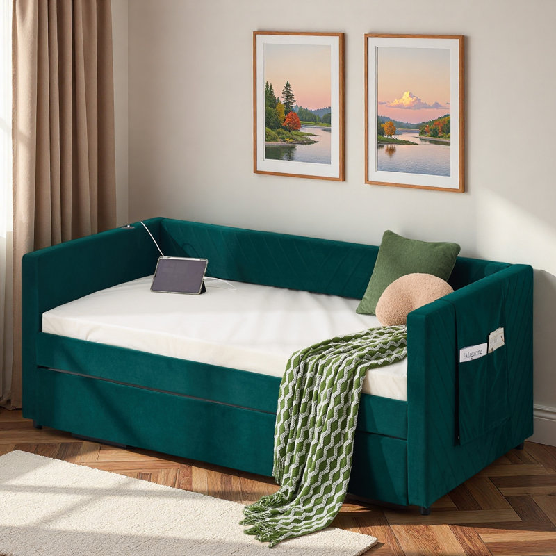 Upholstered Daybed With Trundle, Usb Port And Side Pockets, Navy