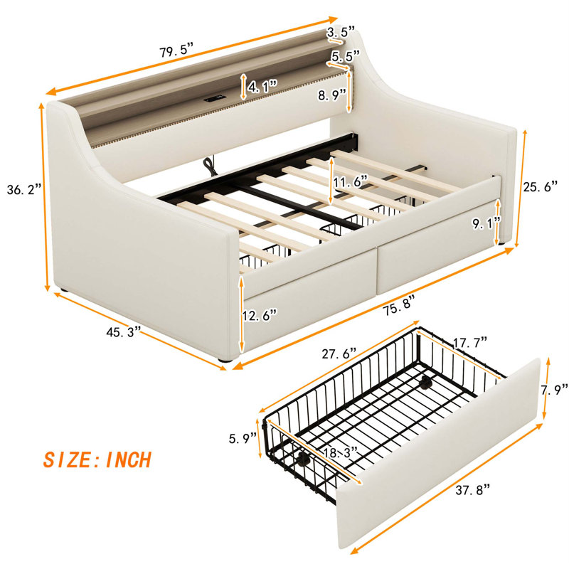 Ibraham Daybed With Storage Drawers, Upholstered Daybed With Charging Station And LED Lights