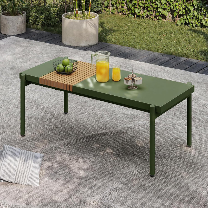 All-Weather Metal Patio Coffee Table – Durable, Spacious, Wood-Look Slatted Top, Green