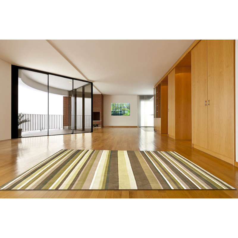 Tapis décoratif en laine Touffetée à la main à rayures Brigg/vert soie/brun/blanc, Rectangle 7 pi 9 po x 9 pi 9 po