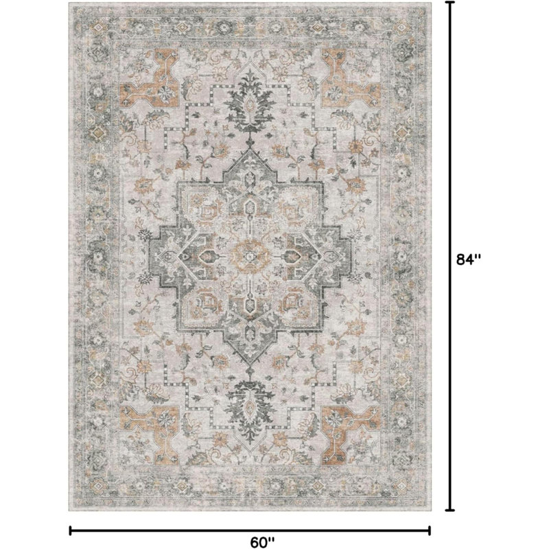 Area Rugs For Living Room, Machine Washable Non Slip Vintage Rugs, Low Pile Lightweight Chenille Print Rug For Bedroom, Dining Room, Home Office, Light Taupe