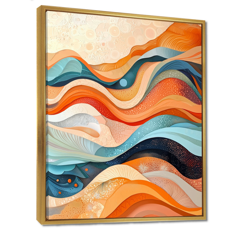 Novah Orange Transitional Spriral Oceanic Waves II - Waves Framed Wall Art, 40" H x 30" W, Floater Framed Print, Gold