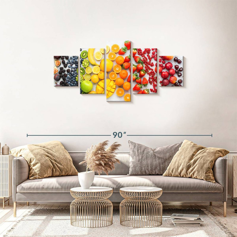 Les fruits de nombreuses couleurs - 5 pièces sur toile tendue, H 30 po x l 68 po x P 1,25 po