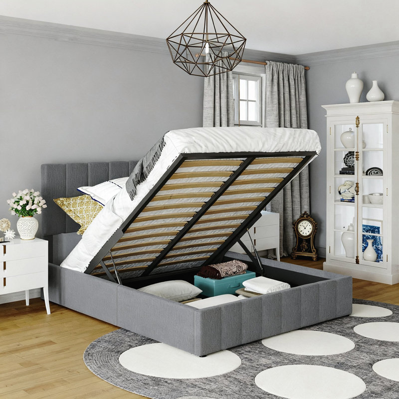 Grand lit plateforme tapissier, gris