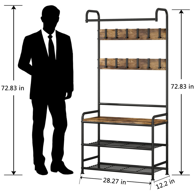 Portemanteau robuste noir rustique avec banc et tablettes de rangement, cadre imperméable