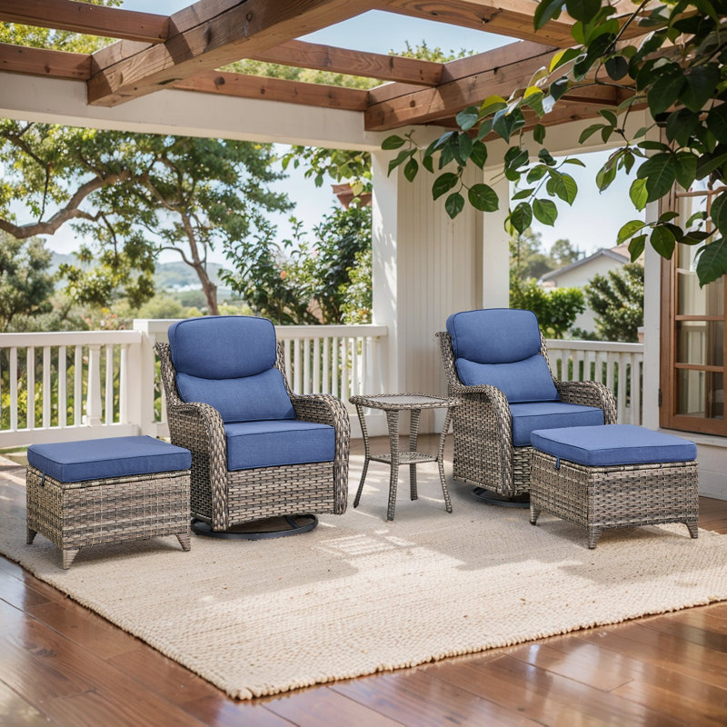 Deb 5-Piece Outdoor Conversation Set with Wicker Swivel Rocking Chairs, Ottomans & Side Table, Blue Cushion/Gray Frame