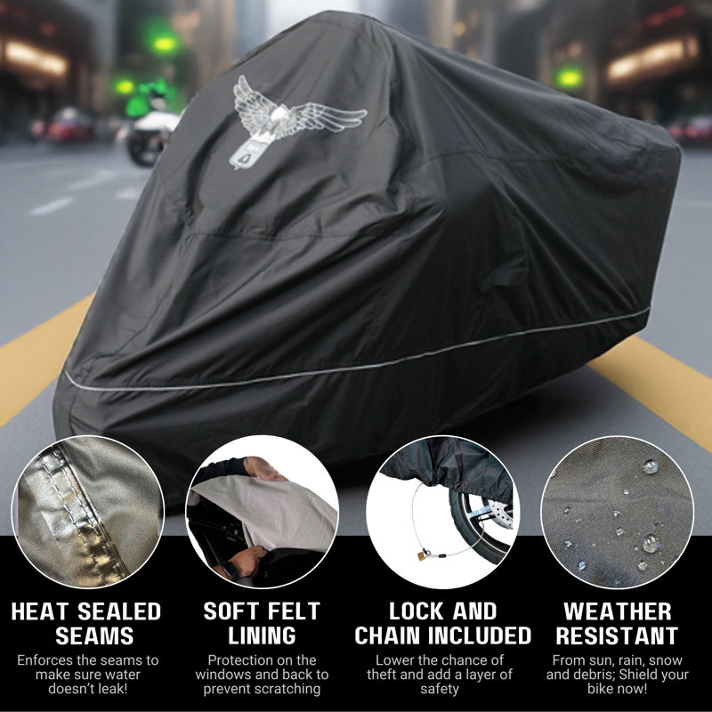Housse pour motocyclette de qualité supérieure avec réflecteur de nuit et emblème d'aigle (XXL) noir