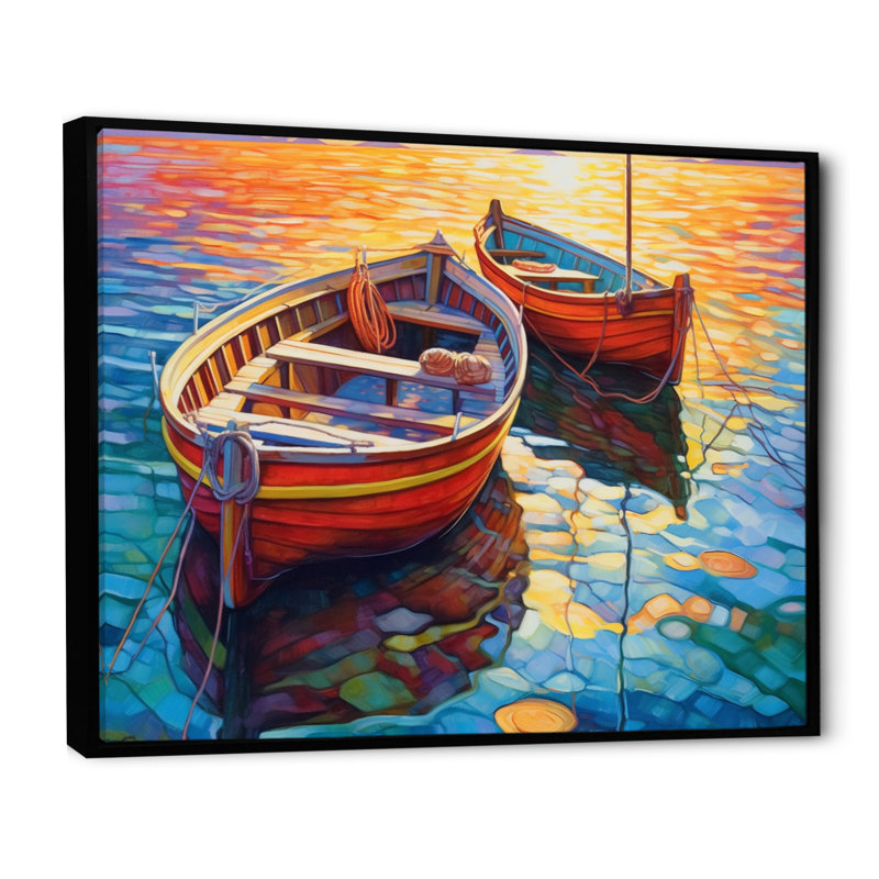 Deux bateaux dans le port I - art mural port côtier, H 30 po x l 40 po x P 1,5 po, Cadre flottant noir