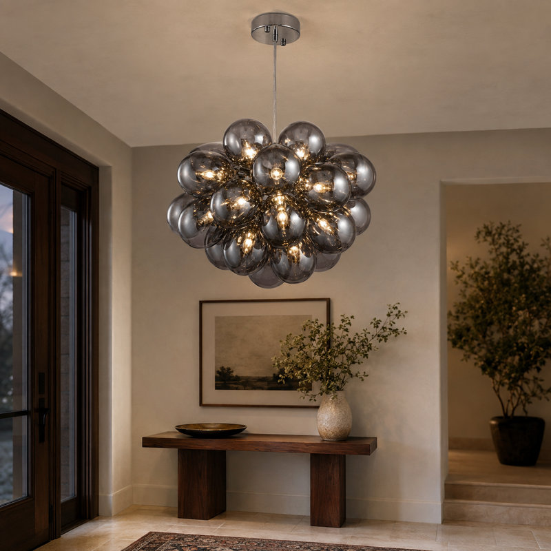 Lustre en forme de globe en verre fumé 18 lumières l 18 po avec cordon réglable