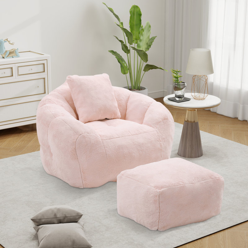 Compression Oversized Bean Bag For Adults And Kids, Faux Fur Large Chair With Filler, Pink Faux Fur