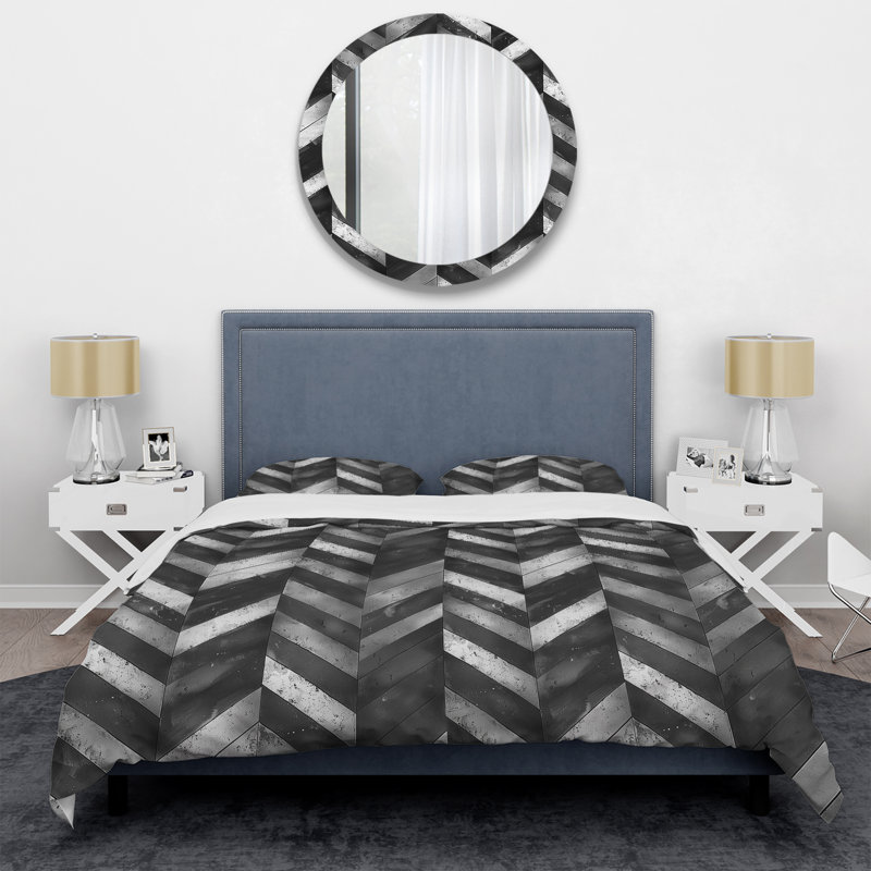 Ensemble de housse de couette transitionnelle noire et grise à chevrons I, Housse de couette pour grand lit et 2 taies décor
