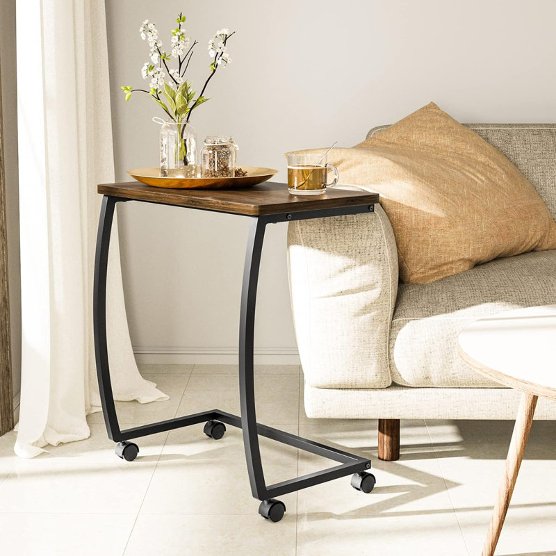 C-Shaped End Table With Rolling Wheels,Rustic Sofa Couch Table For Laptop Coffee Snack, Dark Walnut