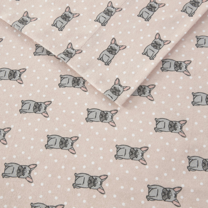 Cozy Flannel 100% Cotton Sheet Set, Twin Sheet Set with 1 Pillowcases, Pink French Bulldog