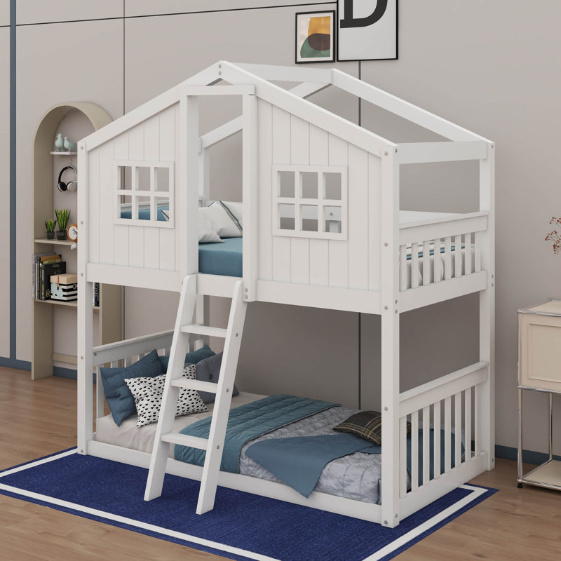Twin Over Twin House Bunk Bed With Ladder, White