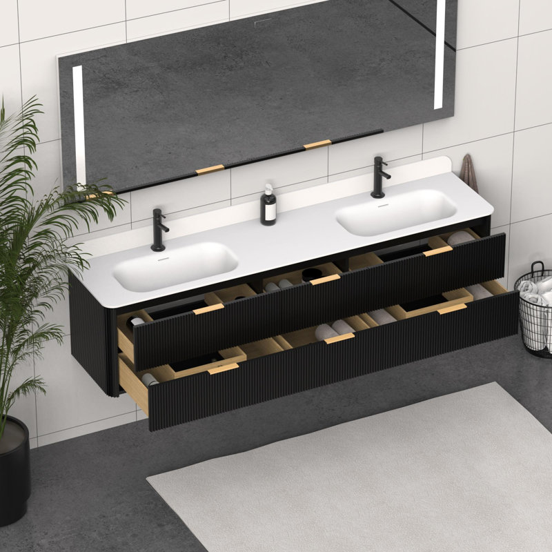 Meuble-lavabo mural avec lavabo et tiroirs, Noir, 84