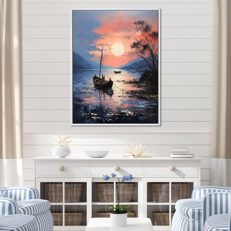 «Lake Fishers Boat Twilight I» - art mural bateau côtier, Cadre flottant blanc, H 20 po x l 12 po x P 1 po