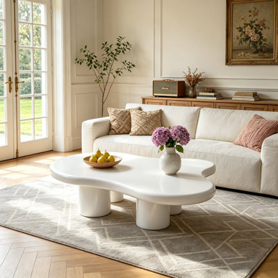 48.6" White free-form cloud-shaped coffee table, suitable for living rooms and apartments.