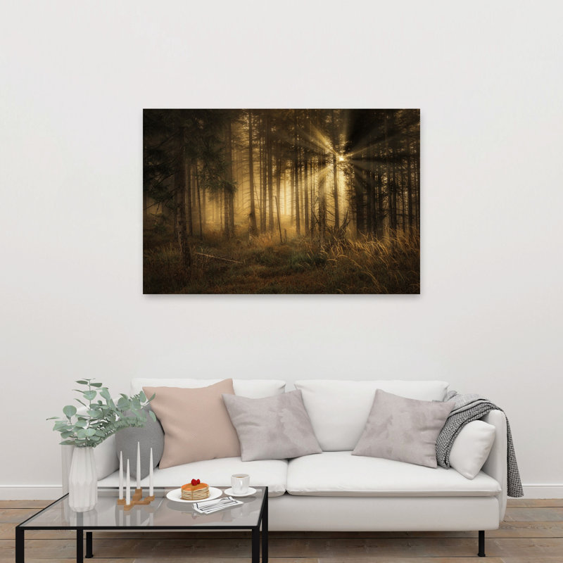 Forêt brumeuse et ensoleillée - Affiche murale onirique et mystique d'automne, 40" H x 60" W