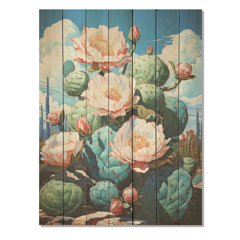 Cactus rose en fleurs au Nevada - Cactus floral sur bois, H 32 po x l 24 po