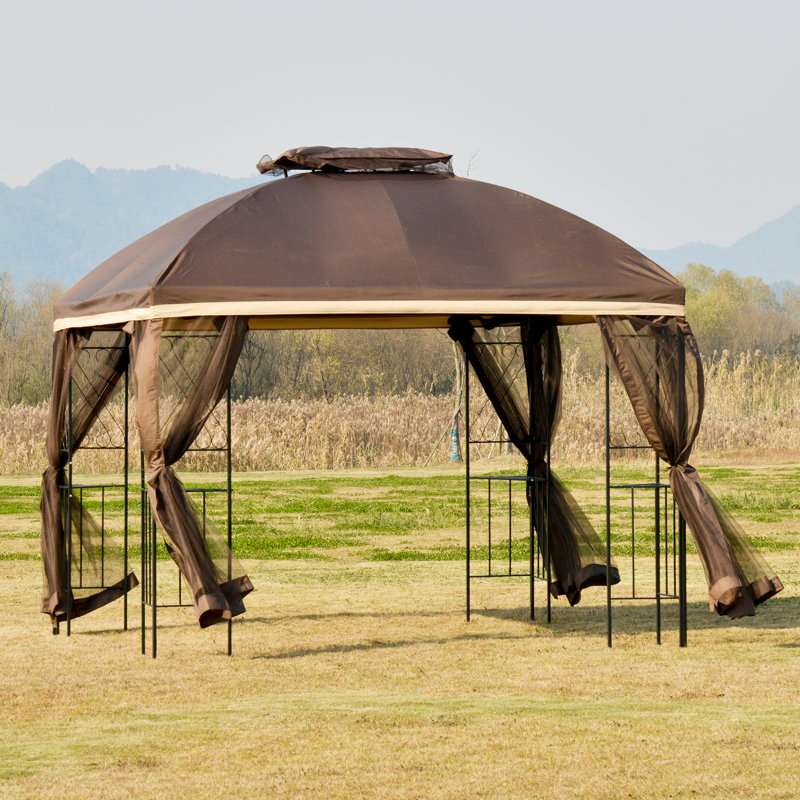 Brown 10' x 10' Metal Patio Gazebo with Mesh Netting