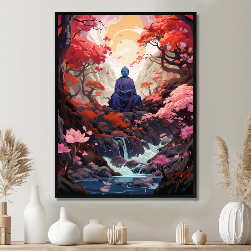 Bouddha mauve en fleurs, paysage d'automne, art mural bouddhisme, H 20 po x l 12 po x P 1 po, Toile avec cadre flottant noir