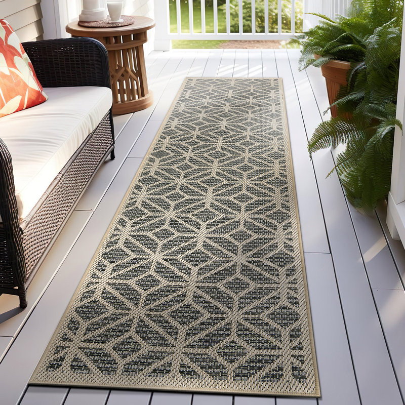 Pissouri Geometric Blue/Gray/Ivory Indoor & Outdoor Area Rug, Runner 2'3" x 8'