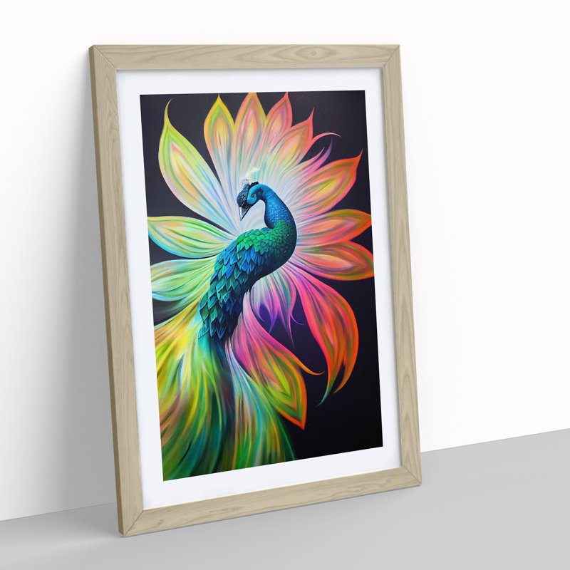 Bold Peacock Art No.1 - Wall Art, 48cm H x 36cm W, Oak Framed, White