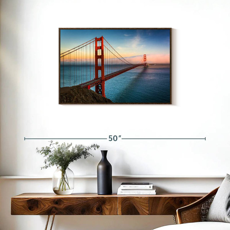 Golden Gate, lever de soleil sur l'océan, 31 po x 21 po, Cadre flottant noyer