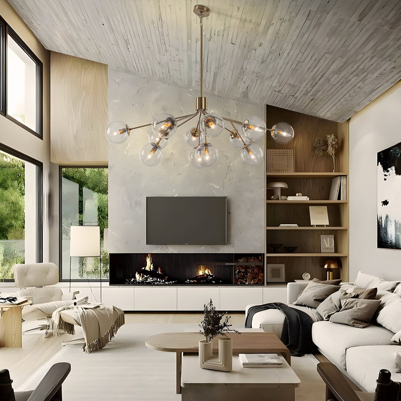 Modern 12-light Bubble Seeded Glass Chandelier, Gold