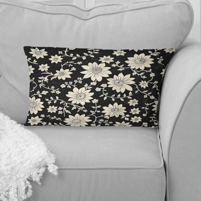 Coussin décoratif noir et blanc Country Flowers III, Forme rectangulaire, H 12 po x l 20 po