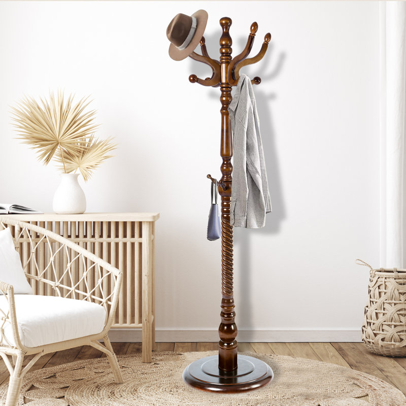 73" H Solid Wood Coat Rack With 14 Hooks – Freestanding Hall Tree For Entryway Or Bedroom, Walnut