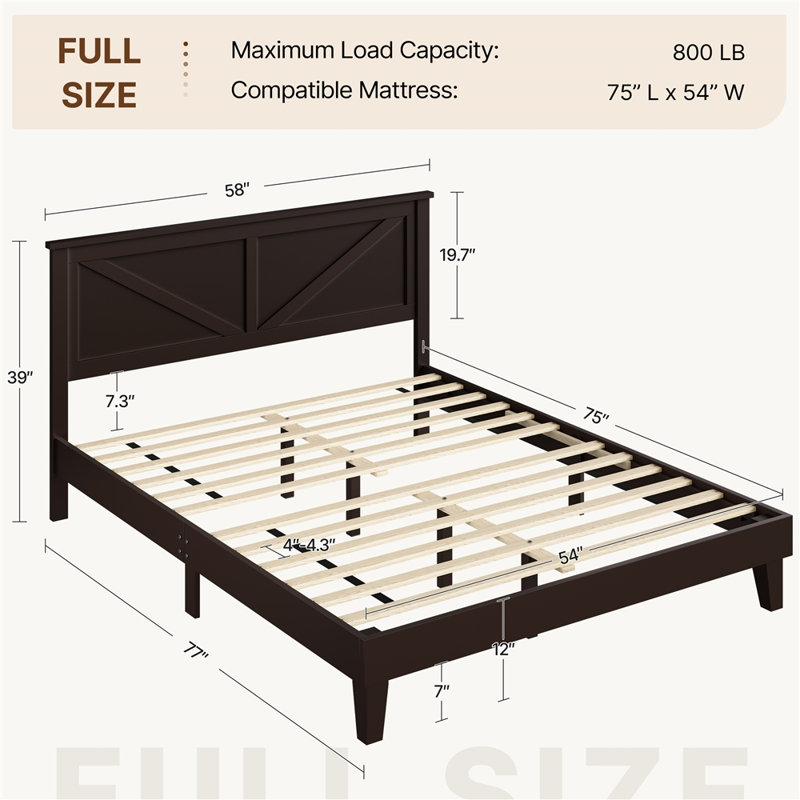 Farmhouse Wood Bed Platform with Headboard, Full / Double, Espresso