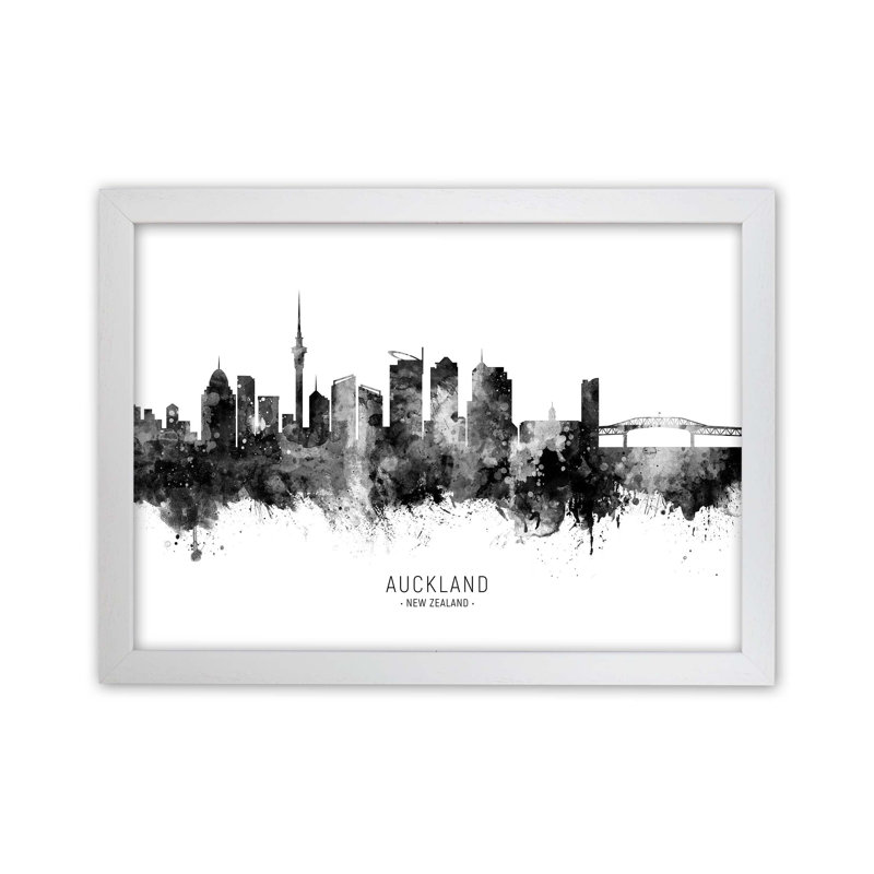 Auckland New Zealand Skyline Black White City Name by Michael Tompsett - Print, 64cm H x 88cm W x 3cm D, White Framed