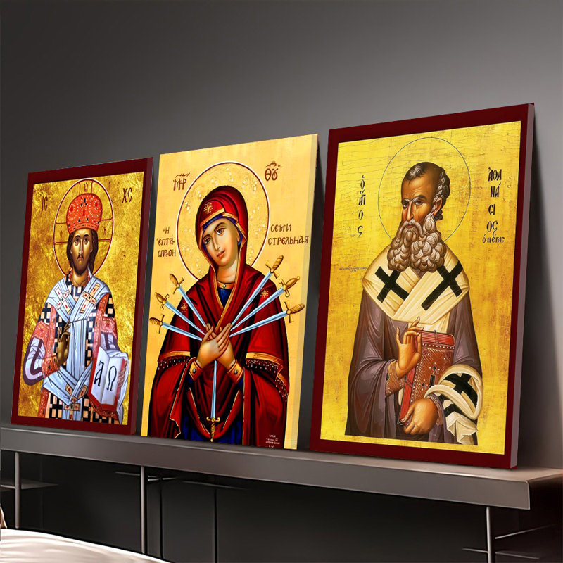 Ensemble de 3 affiches murales encadrées, triptyque d'icônes orthodoxes byzantines sur toile, décoration religieuse chrétienne représentant Jésus-Christ, la Vierge Marie et des saints, pour la maison, l'église ou le bureau. Décoration spirituelle sur fond doré. Œuvre d'art religieuse.