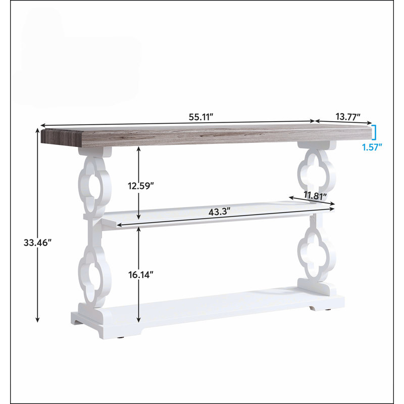 Console 55 po French Country Farmhouse - 3 tablettes de rangement, sculpture florale, pieds antiques, structure en fer