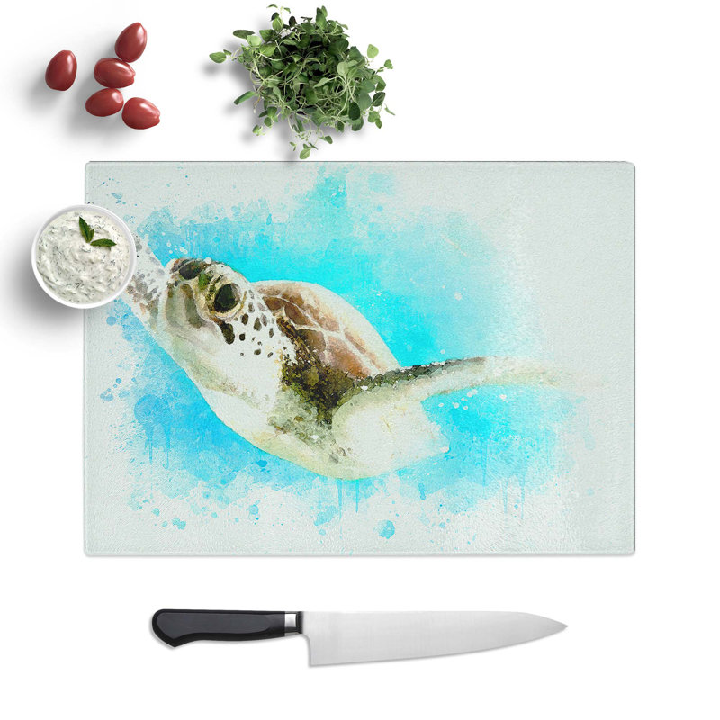 Glass Green Turtle in Abstract Chopping Board, 39 cm W x 28.5 cm L