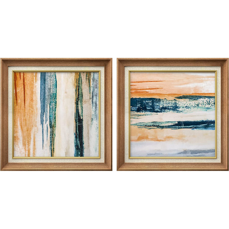 «Pastel Colorful Blue and Orange», ensemble de 2 peintures sur toile encadrées, Naturel