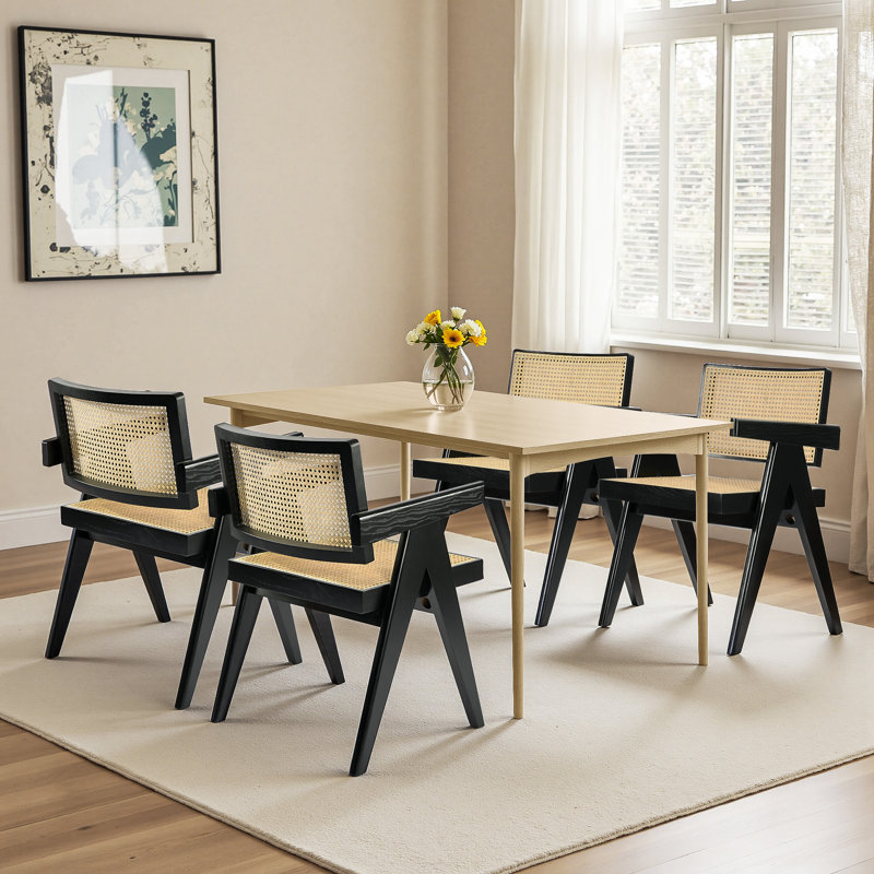Solid  Retro Wood Rattan Dining Chairs Reinforced Seat (Set of 2), Black