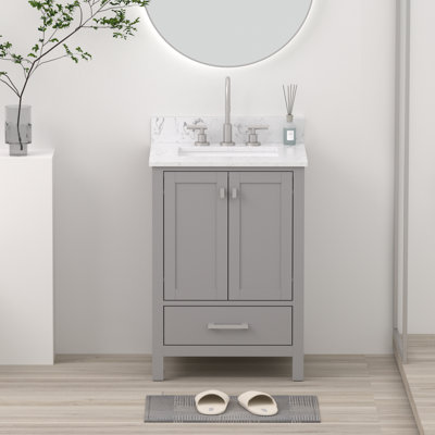 Meuble-lavabo autoportant 24 po en bois massif avec plateau en pierre reconstituée