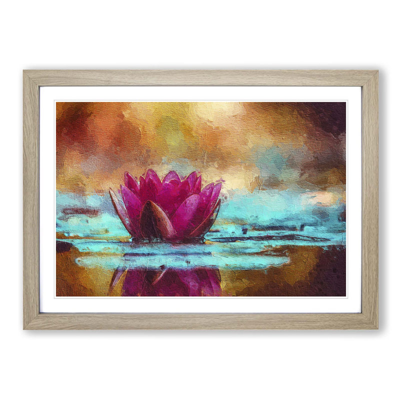 Pink Water Lily Flower in Abstract - Picture Frame Painting Print, Oak Framed, 48cm H x 65cm W x 2cm D