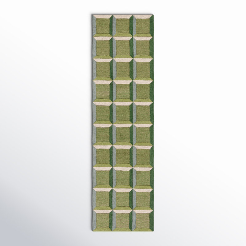 Giedre Geometric Hand Tufted Cotton/Wool Area Rug in Green/Beige, Runner 2'3" x 11'